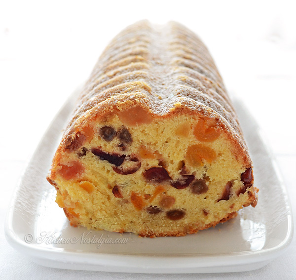 Moist White Fruitcake - mixed fruits in soft cake with rum and vanilla flavor