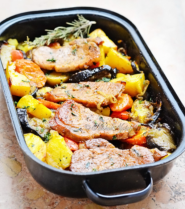 Oven Baked Pork Chops - tender and juicy pork chops, brined then baked in the oven with potatoes, vegetables and beer; easy and super delicious!